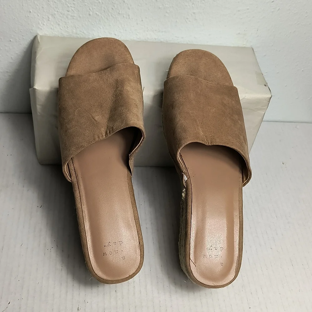 a.new.day Mavis Size 9 Tan Espadrille Wedges Slide Sandals Shoes Boho